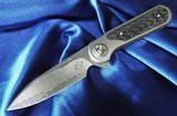 ZULUDamascus Flipper Knife by LIONG MAHDAMASTEEL Blade& CARBON FIBER inlayed Titanium Handles New In Pouch! - 1 of 11