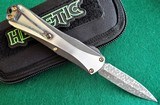 HERETIC CUSTOM MANTICORE "E"
Auto OTF Knife ~ Hand rubbed Stainless
DLC 2-tone handle Vegas Forge Ball Bearing Damascus (ser # 3 of 15 - 8 of 8
