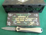HERETIC CUSTOM MANTICORE "E"
Auto OTF Knife ~ Hand rubbed Stainless
DLC 2-tone handle Vegas Forge Ball Bearing Damascus (ser # 3 of 15 - 7 of 8