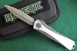 HERETIC CUSTOM MANTICORE "E"
Auto OTF Knife ~ Hand rubbed Stainless
DLC 2-tone handle Vegas Forge Ball Bearing Damascus (ser # 3 of 15 - 2 of 8