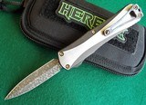 HERETIC CUSTOM MANTICORE "E"
Auto OTF Knife ~ Hand rubbed Stainless
DLC 2-tone handle Vegas Forge Ball Bearing Damascus (ser # 3 of 15 - 3 of 8