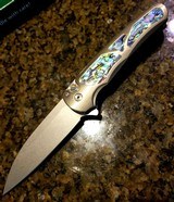 Protech Malibu Custom Wharncliffe Stonewashed 20CV ABALONE Inlaid Bronze 3D Titanium Flipper knife - 1 of 5