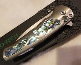 Protech Malibu Custom Wharncliffe Stonewashed 20CV ABALONE Inlaid Bronze 3D Titanium Flipper knife - 4 of 5