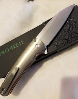 Protech Malibu Custom Wharncliffe Stonewashed 20CV ABALONE Inlaid Bronze 3D Titanium Flipper knife - 2 of 5