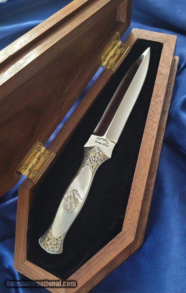 CUSTOM DAGGER by Guild Member GARY LANGLEY~ PEARL, ENGRAVED, GOLD INLAYED,  WOOD COFFIN AWARD WINNER! for sale