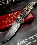 PRO-TECH Ultimate Custom ART DECO TR-3Bruce Shaw Engraved Bronze Titanium / Mike Irie Hand Ground DamasteelNew in Wood Display box - 1 of 4