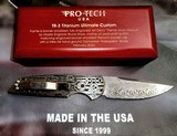 PRO-TECH Ultimate Custom ART DECO TR-3Bruce Shaw Engraved Bronze Titanium / Mike Irie Hand Ground DamasteelNew in Wood Display box - 2 of 4