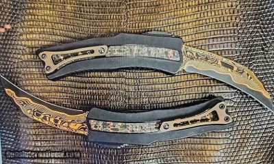 HERETIC CUSTOM ROC~ Brass & Copper fat carbon snakeskin Inlays~Hand ground baker Forge Tiger Go Mai Damascus