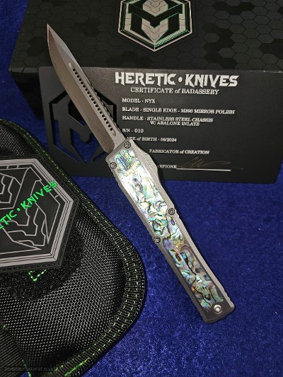 HERETIC KNIVES CUSTOM NYX Stainless/Abalone OTF Mirror Hand Ground