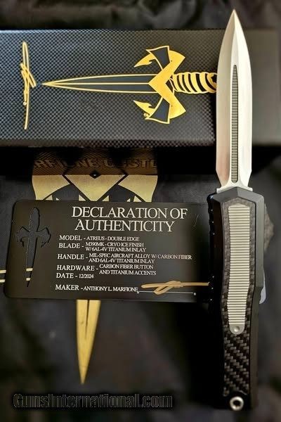 Marfione Custom Auto OTF Knife ATREUS (ZERO BLADE PLAY) Double Edge Cryo Ice Finish w/ Titanium Inlay, COA,Pouch, New in Box