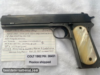 Colt 1902 Military Mexican shipped Pearl Grips with Colt Archive Letter