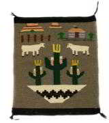 Navajo Germantown weaving with wedding basket, saguaro cactus, sheep and hogan - 1 of 1