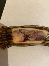 Colorful deer scene on blade and Solid Bone handle of knife 12" long 7 1/2" blade. In like new condition 99%. Great addition for anyone coll - 2 of 4
