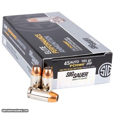 Sig Sauer Elite Performance 45 Auto / ACP Ammo 185 grain V-Crown JHP Box of 50 Rounds E45AP0-50
