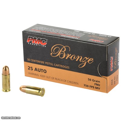 PMC Bronze 25 Auto / ACP Ammo 50 grain FMJ Box 50 Rounds 25A