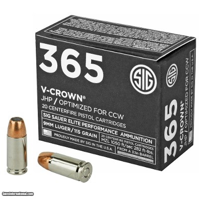 Sig Sauer Elite Performance 365 9mm Luger Ammo 115 grain V-Crown JHP Box of 20 Rounds E9MMA1-365-20 - Online Only