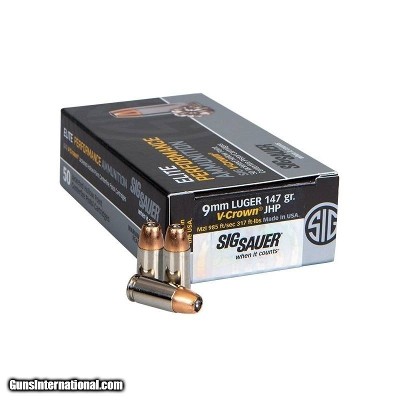 Sig Sauer Elite Performance 9mm Luger Ammo 147 grain V-Crown JHP Case of 500 Rounds E9MMA3-50