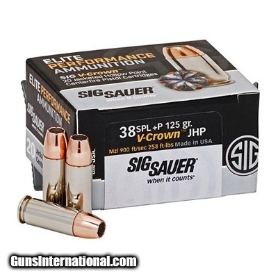 Sig Sauer Elite Performance 38 Special +P Ammo 125 grain V-Crown JHP Box of 20 Rounds E38SP1-20