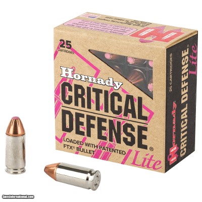 Hornady Critical Defense Lite 9mm Luger Ammo 100 grain FTX Case of 250 Rounds 90240