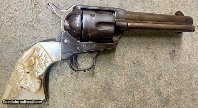 Colt SAA Frontier Six Shooter Black Powder 44-40 4.75 Blue Casehardened Steer Head Pearl Grips - Image 4 of 8