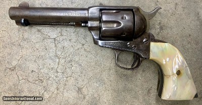 Colt SAA Frontier Six Shooter Black Powder 44-40 4.75 Blue Casehardened Steer Head Pearl Grips - Image 3 of 8