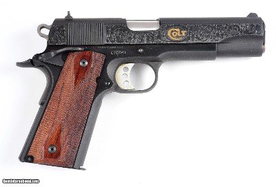 Engraved Colt Government 1911.45 ACP, Gold Inlay Scrollwork Factory Box