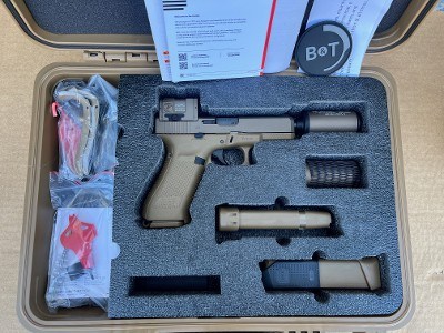 B&T Hush Puppy Glock 19X FDE Complete Kit w/ Acro Red Dot Threaded Barrel Suppressor - Image 1 of 1