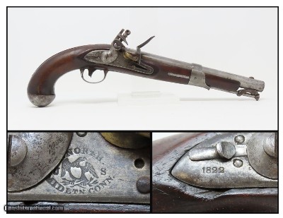 1822 Antique SIMEON NORTH CONTRACT Model 1819 .54 Caliber FLINTLOCK Pistol
Early American Army & Navy Sidearm With 1822 Dated Lock