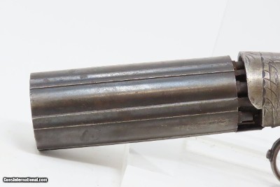 Antique BLUNT & SYMS Style .31 Caliber PERCUSSION Underhammer PEPPERBOXEngraved, Underhammer, Ring Trigger 6-Shot Revolver - Image 5 of 16