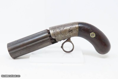 Antique BLUNT & SYMS Style .31 Caliber PERCUSSION Underhammer PEPPERBOXEngraved, Underhammer, Ring Trigger 6-Shot Revolver - Image 2 of 16