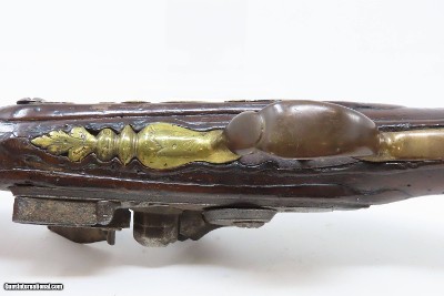 18th Century GERMANIC FLINTLOCK Belt Pistol 65 Caliber Antique Carved Stock GROTESQUE MASK POMMEL, BRASS HARDWARE - Image 11 of 16
