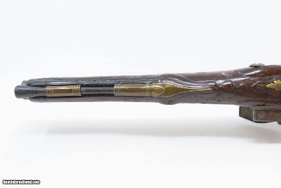18th Century GERMANIC FLINTLOCK Belt Pistol 65 Caliber Antique Carved Stock GROTESQUE MASK POMMEL, BRASS HARDWARE - Image 12 of 16