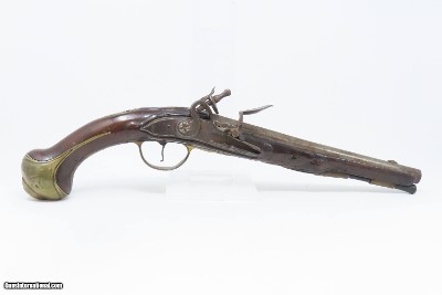 18th Century GERMANIC FLINTLOCK Belt Pistol 65 Caliber Antique Carved Stock GROTESQUE MASK POMMEL, BRASS HARDWARE - Image 2 of 16