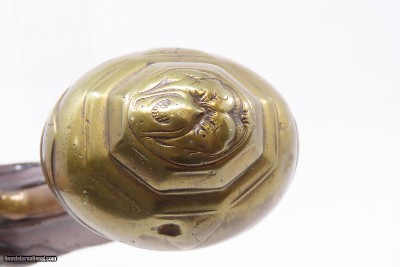18th Century GERMANIC FLINTLOCK Belt Pistol 65 Caliber Antique Carved Stock GROTESQUE MASK POMMEL, BRASS HARDWARE - Image 10 of 16