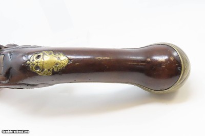 18th Century GERMANIC FLINTLOCK Belt Pistol 65 Caliber Antique Carved Stock GROTESQUE MASK POMMEL, BRASS HARDWARE - Image 7 of 16