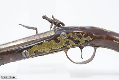 18th Century GERMANIC FLINTLOCK Belt Pistol 65 Caliber Antique Carved Stock GROTESQUE MASK POMMEL, BRASS HARDWARE - Image 15 of 16