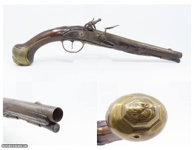 18th Century GERMANIC FLINTLOCK Belt Pistol 65 Caliber Antique Carved Stock GROTESQUE MASK POMMEL, BRASS HARDWARE