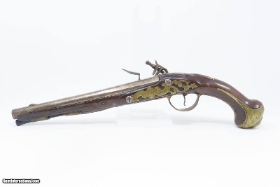 18th Century GERMANIC FLINTLOCK Belt Pistol 65 Caliber Antique Carved Stock GROTESQUE MASK POMMEL, BRASS HARDWARE - Image 13 of 16