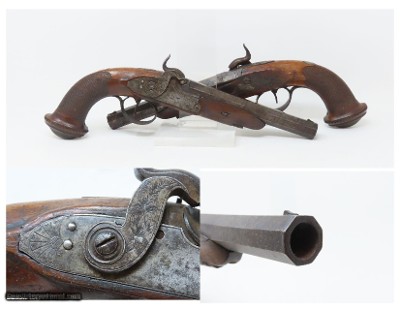 BRACE of FRENCH EMPIRE Style Antique Belt Pistols Made in Liege Circa 1850s Matching Martial Type Sidearms