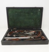 Antique CASED PAIR of ENGRAVED Belgian Percussion Pistols Fitted Case Engraved Locks & Hardware, Carved Stocks - 2 of 25