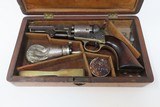 c1856 mfr GUSTAVE YOUNG Engraved COLT Model 1849 .31 Revolver Cased Antique BRASS MOLD, ELEY CAP TIN, & SILVER EAGLE FLASK - 4 of 24