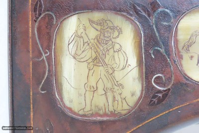 ORNATE MATCHLOCK ARQUEBUSE Inlaid Horn Mother of Pearl .79 Engraved Antique With Depictions of Castles, Mounted Knights & Arquebusiers - Image 9 of 14
