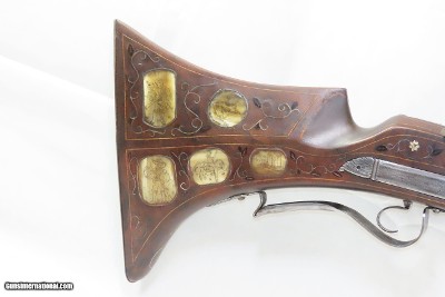 ORNATE MATCHLOCK ARQUEBUSE Inlaid Horn Mother of Pearl .79 Engraved Antique With Depictions of Castles, Mounted Knights & Arquebusiers - Image 2 of 14