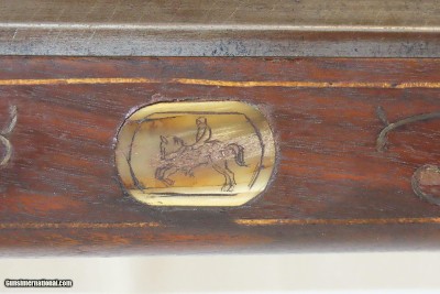 ORNATE MATCHLOCK ARQUEBUSE Inlaid Horn Mother of Pearl .79 Engraved Antique With Depictions of Castles, Mounted Knights & Arquebusiers - Image 8 of 14