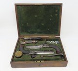 CASED, ENGRAVED BRACE of BELTHOOK PISTOLS .485 British Antique In Fitted Velvet Lined Case with Accoutrements - 2 of 25