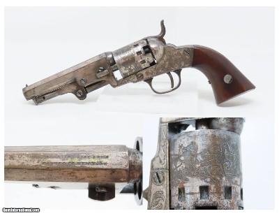 c1858 SCROLL ENGRAVED, SILVER PLATE Antique MANHATTAN POCKET Revolver .31 With STAGE COACH ROBBERY CYLINDER SCENE!