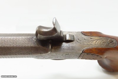 BRACE of ENGRAVED BOXLOCK PISTOLS with SILVER WIRE Inlaid Stocks AntiqueMid-1800s Personal Defense Arms - Image 8 of 25
