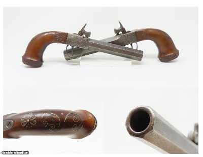 BRACE of ENGRAVED BOXLOCK PISTOLS with SILVER WIRE Inlaid Stocks Antique
Mid-1800s Personal Defense Arms