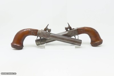 BRACE of ENGRAVED BOXLOCK PISTOLS with SILVER WIRE Inlaid Stocks AntiqueMid-1800s Personal Defense Arms - Image 2 of 25