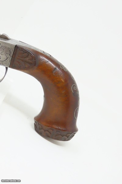BRACE of ENGRAVED BOXLOCK PISTOLS with SILVER WIRE Inlaid Stocks AntiqueMid-1800s Personal Defense Arms - Image 19 of 25